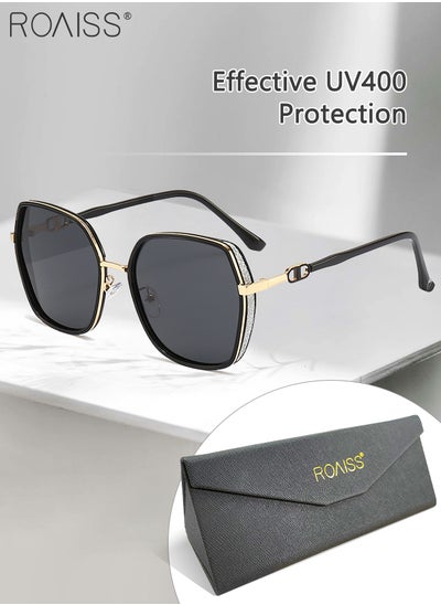 Buy Women's Polarized Hexagon Sunglasses, UV400 Protection Sun Glasses with Shiny Side Frame, Oversize Fashion Anti-glare Sun Shades for Women with Glasses Case, 60mm, Black Gold in UAE