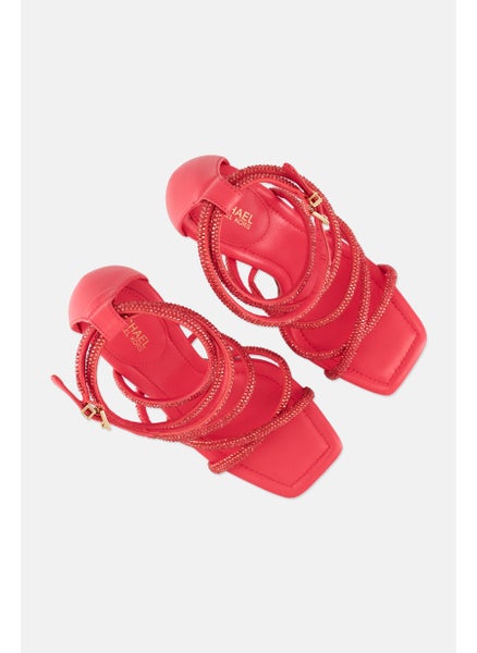 Buy Women Medium Embellished Strappy Sandals, Red in UAE