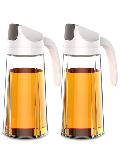 Buy 2 Pcs Auto Flip Olive Oil Dispenser Bottle, Glass Vinegar Dispensing Cruets,630ml Leakproof Condiment Container With Automatic Cap and Stopper,Non-Drip Spout,Non-Slip Handle for Kitchen Cooking (White in UAE