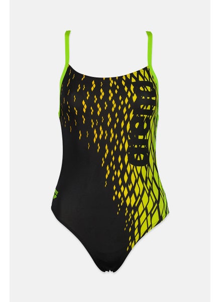 اشتري Women Brand Logo Sleeveless One Piece Swimsuit, Black and Neon في السعودية