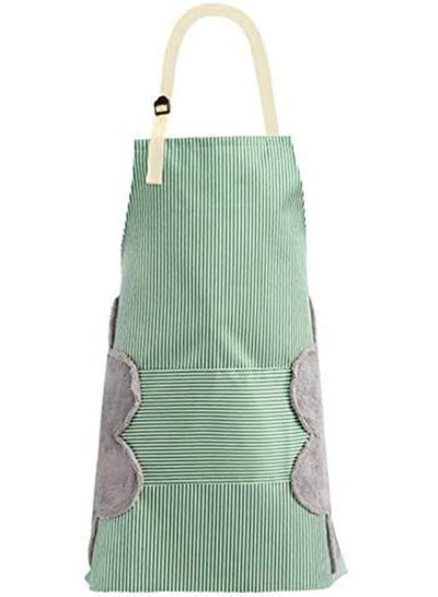 Buy Adjustable Kitchen Aprons 2 Side Wipe Hands with Pockets Stitched Coral Velvet Towels Pinstripe Waterproof Unisex Green in UAE