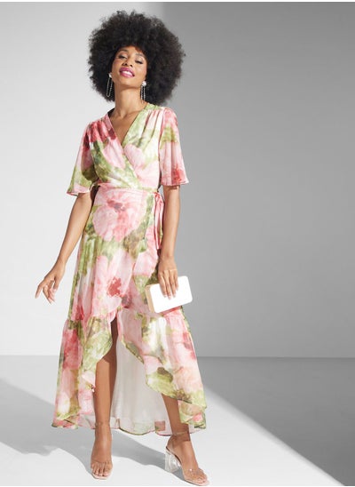 Buy Floral Tie Detail Wrap Dress in Saudi Arabia