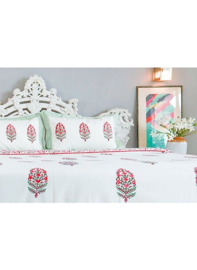 Buy King Size Pink and Green Premium Organic 100 Percent Cotton Hand Block Printed Flat Sheet (with 250 TC) And Pillow Covers in UAE