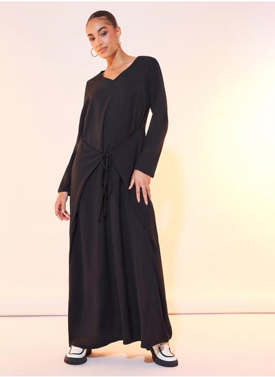 Buy Solid V Neck Long Sleeve Waist Tie Maxi Dress in Saudi Arabia