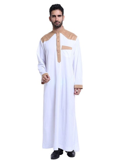 Buy Men's Stand Collar Long Sleeve Casual Kandora Islamic Arabic Kaftan Thobe White/Brown in UAE