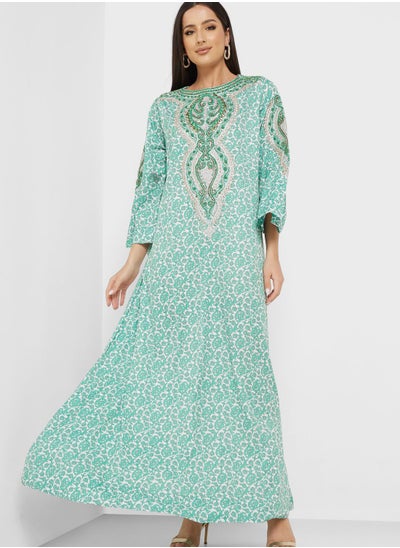 Buy Boat Neck Printed Jalabiya in UAE