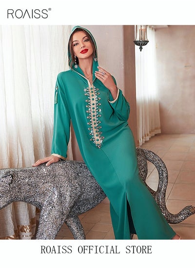 اشتري Women Luxury Hooded Maxi Dresses Modern Stylish Abaya Hand Sewn Floral Drill Beading Dress Middle East Arabic Banquet Wedding Party Dress Long Sleeve All Season Women's Clothing Green في السعودية