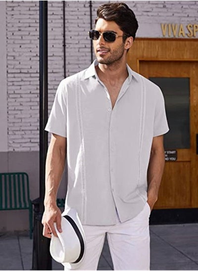 Buy Men's Summer Loose Shirt Cotton Linen Button-Up Top Short Sleeve V-Neck Henley Shirts Casual Comfort Beach Shirt in UAE