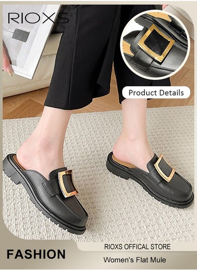 Buy Women's Mule,Square Toe Leather Slip-on Backless Mule Shoes,Fashion Black Flat Mules With Square Gold Metal Buckle Decor,Thick-soled Mules For Women,Comfortable Ladies Mule Slippers,Easy to Wear On and Off in Saudi Arabia