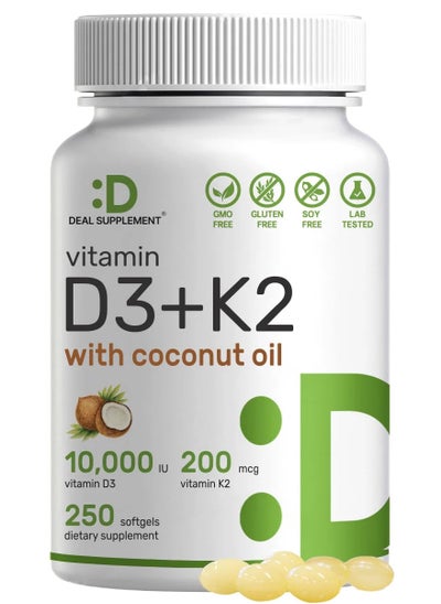 Buy Vitamin D3 + k2 with Coconut Oil, 250 Softgels in UAE