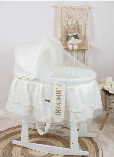 Buy Baby crib Moses iron basket sugar color decorated with luxurious lace for newborns with wooden rocking holder white color in Saudi Arabia