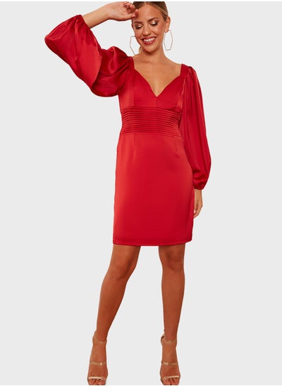 Buy Plunge Neck Balloon Sleeve Dress in Saudi Arabia