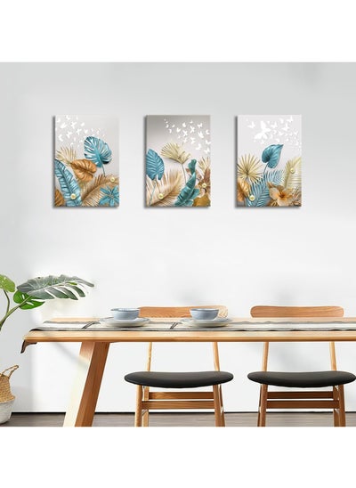 Buy 3 Panels Framed Canvas Wall Art Botanical Tropical Leaves Canvas Painting, Picture Printed Poster White Butterfly Pearl Canvas Prints For Home Living Room Office Decor in UAE