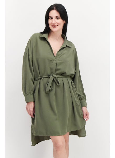 اشتري Women Plain Tie Waist Mini Dress, Olive في الامارات