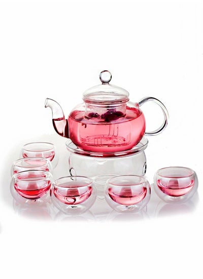 Buy HOOPZOZA Glass Tea Maker Teapot With Filtering Glass Warmer 6 Tea Cups Set 50mL in Saudi Arabia