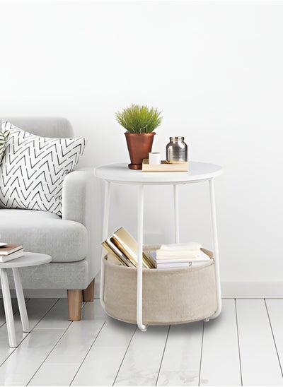 Buy Round End Coffee Table with Storage Basket, Corner Table for Living Room, Bedroom Nightstand 44x44x49cm (White) in UAE