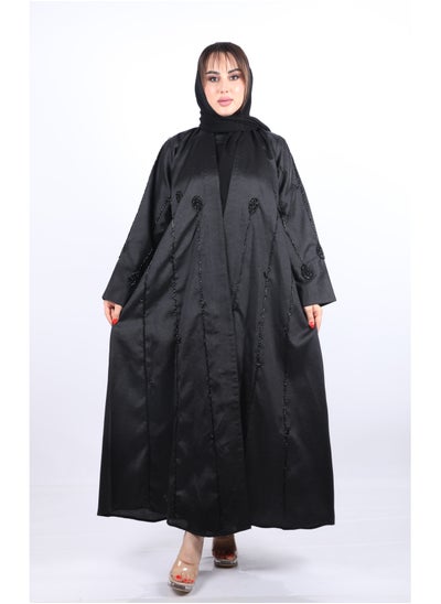 Buy Maxi Russian Taffeta  Modern Elegance Abaya  Decorated With Shiny Beads Wth Wide Long Sleeves And Veil, Black in Saudi Arabia