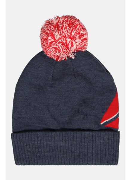 Buy Women Knitted Pom Pom Beanie Hat, Navy Blue/Red in UAE