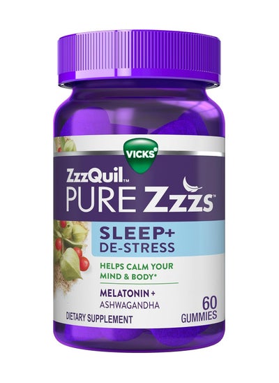 اشتري ZzzQuil PURE Zzzs De-Stress الميلاتونين علكات المساعدة على النوم، تساعد على تهدئة عقلك وجسمك، أشواغاندا لدعم الإجهاد، مساعدات النوم للبالغين، 1 مجم لكل علكة، 60 قطعة في الامارات