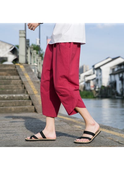 اشتري 2023 Chinese Style Mens Cotton Linen Capri PantsRed Red في السعودية