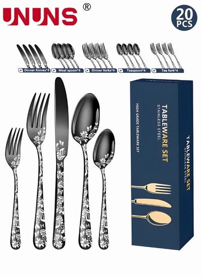 اشتري Kitchen Cutlery Set,304 Stainless Steel Fork Spoon Knife Dining Dinnerware Tableware Set,20 Pcs/Set,Floral Damask Rose Black Cutlery Set في السعودية