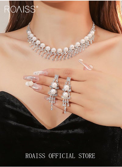 Buy 2 Piece Jewelry Set of Necklace and Earrings Shiny Pearl Diamond Chic Rhinestone Decor Jewellery Set for Women Ladies Gift for Girlfriend Wife Mother Bridesmaids Wedding Party Accessories in Saudi Arabia