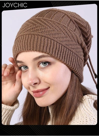 اشتري Women Winter Slouchy Beanie Outdoor Warm Stocking Hat Thick Knitted Skull Hats Multifunctional Hat for Scarves Mask Khaki في السعودية