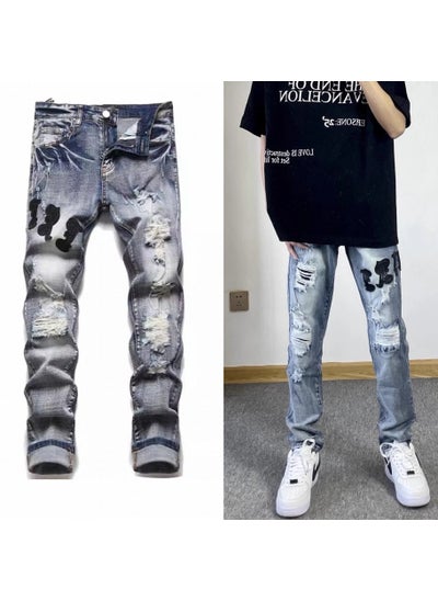 اشتري Street Style Embroidered Distressed Skinny Mens Jeans 7735 [Hole] Blue في السعودية