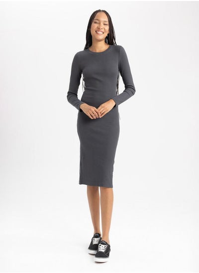 Buy Rib Round Neck Bodycon Midi Dress in Saudi Arabia