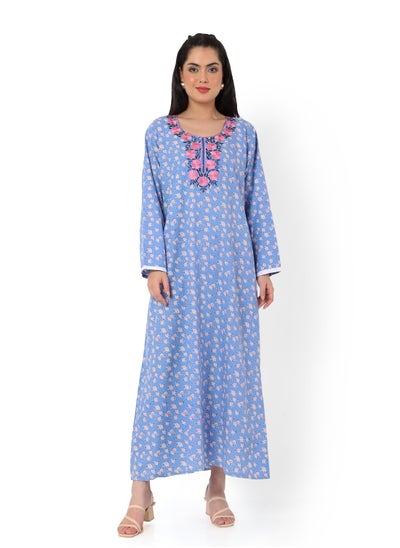 اشتري BLUE COLOUR PRINTED AND EMBROIDERED CASUAL ARABIC KAFTAN JALABIYA DRESS في السعودية