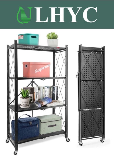 Buy 4 Tier Rolling Cart with Wheels, 31.5” W Metal Shelves for Storage, Collapsible Garage Shelving Unit, Storage Shelves for Kitchen, Basement, Laundry, Pantry (Black) in Saudi Arabia