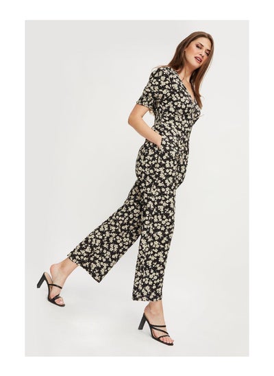 Buy Black Spot Floral Button Front Jumpsuit in UAE