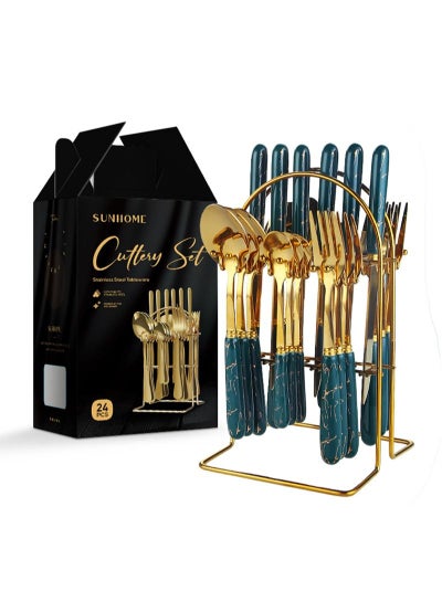 Buy 24-Piece Stainless Steel Cutlery Set With Stand Green/Gold in UAE