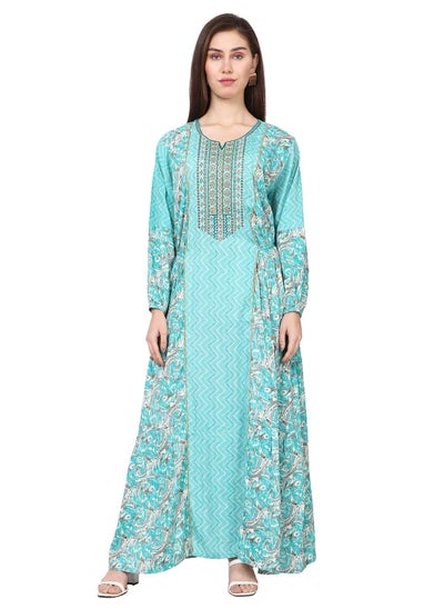 اشتري THREAD EMBROIDERY LONG VISCOSE PRINTED BLUE COLOUR STYLISH ELEGANT ARABIC KAFTAN JALABIYA DRESS في السعودية