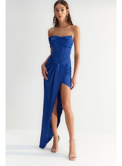 اشتري X Zeynep Tosun Navy Blue Evening Dress & Prom Dress with Fitted Corset Detail TCLSS23AE00013 في مصر