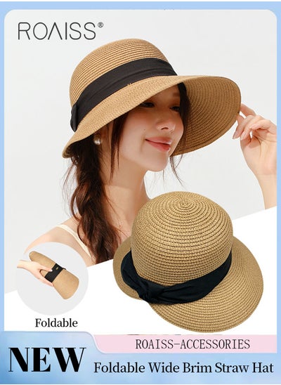 اشتري Women's Wide Brim Straw Hat, Black Bowknot Ribbon Foldable Portable Sun Cap, Breathable UV Protection for Outdoor Sports, Cycling, Hiking في الامارات