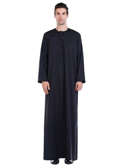 Buy Mens Solid Color Concise Style Round Neck Long Sleeve Abaya Robe Islamic Arabic Casual Kaftan Black in UAE