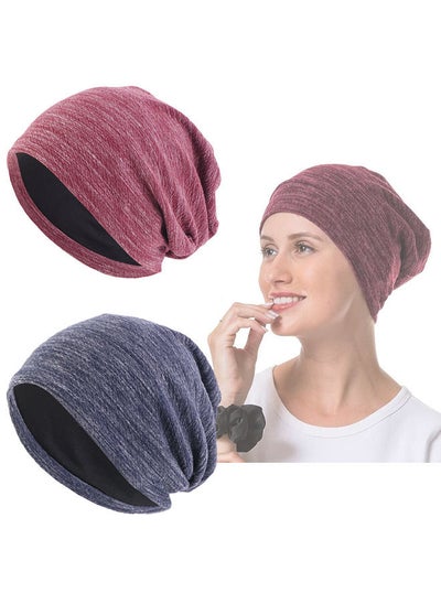 Buy 2 Pieces Satin Lined Sleep Cap Slouchy Beanie Hat Night Hair for Women Adjustable Bonnet Curly Sleeping caps-Gifts Ladies Multi-Colored in UAE