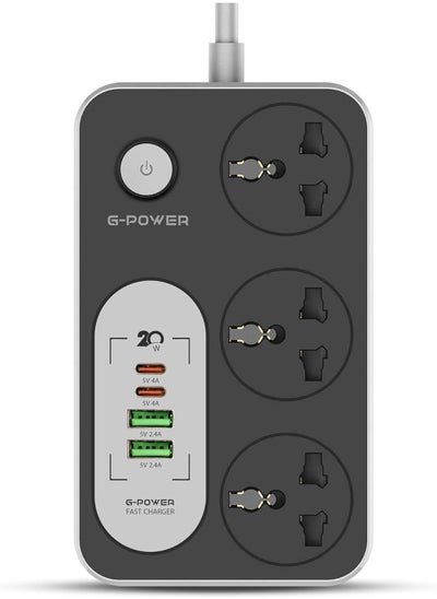 Buy WS342 Power Strip Surge Protector Containing 220 Volt With Three Universal International Socket provides Two Type C Charging Ports 20 Watt - Black Grey in Egypt