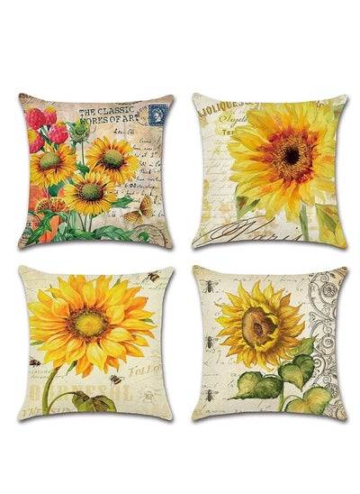 اشتري 4 Pack Throw Pillow Covers Decorative Linen Pillowcase Sunflower Pattern Waterproof Cushion Covers Perfect to Outdoor Patio Garden Living Room Sofa Farmhouse Decor في الامارات