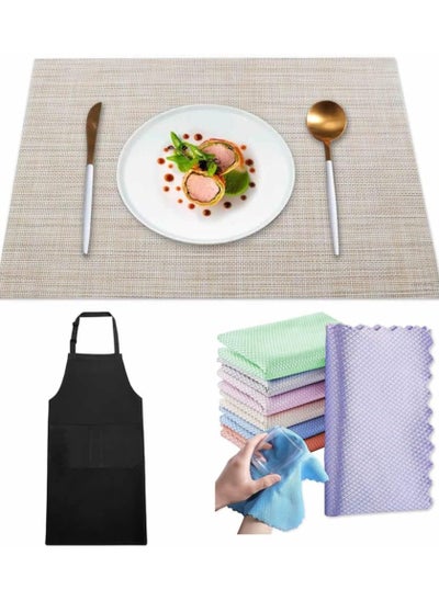 اشتري Placemats Set of 8, Heat Insulation & Stain Resistant Washable Place Mats, Apron for Women Men with 2 Pockets,Cleaning Cloth for Dining Table في الامارات