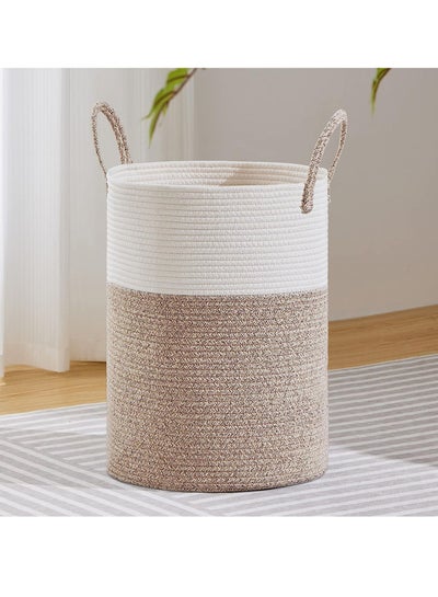 Buy Tall Woven Rope Storage Basket for Blanket, Toys, Dirty Clothes in Living Room, Bathroom, Bedroom - 58L White & Brown in Saudi Arabia