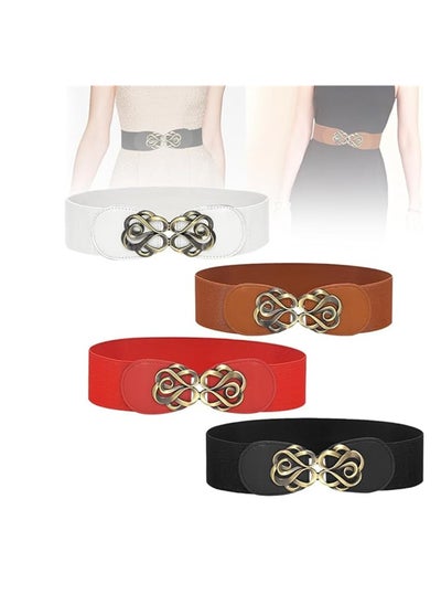 Buy Women's Wide Elastic Belt, Women Elastic Waist Belt with Shape Buckle Vintage Stretchy Waist Belt, Stretchy Waistband Ladies Retro Dress Belt for Dresses, 3 Pcs, Black, Red, Brown in UAE