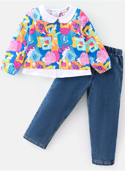 Buy Babyhug 100% Cotton Full Sleeves Top & Lounge Pants With Floral Print - Pink & Navy Blue(12-24M) in UAE