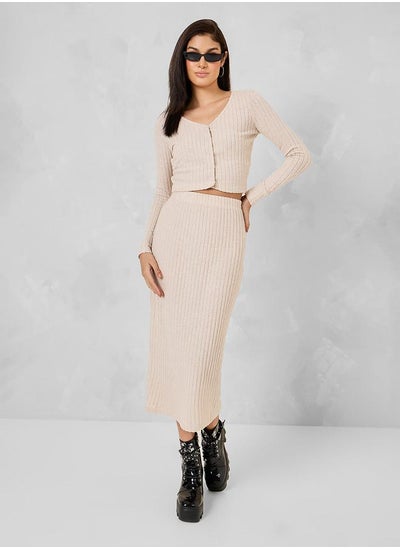 Buy Elastic Waistband Ribbed Midi Skirt in Saudi Arabia