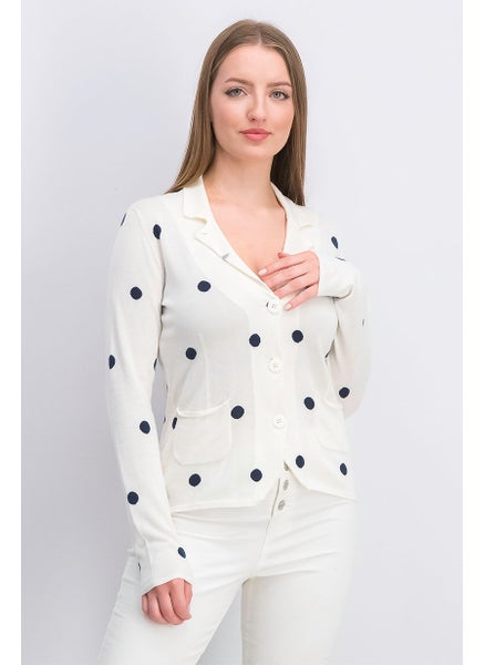 Buy Women Split Neck Polka Dots Cardigan, White and Black in Saudi Arabia