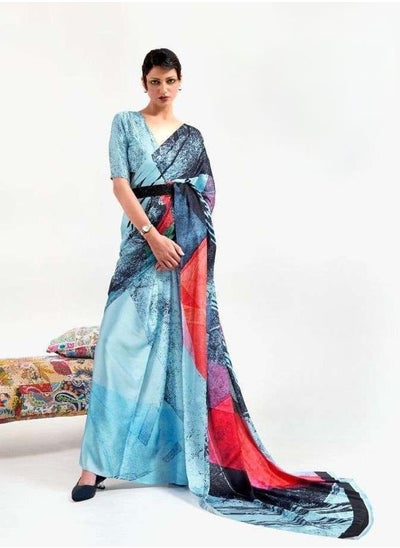 اشتري Satin Multicolour Printed Saree With Blue Base And Unstitched Blouse في الامارات