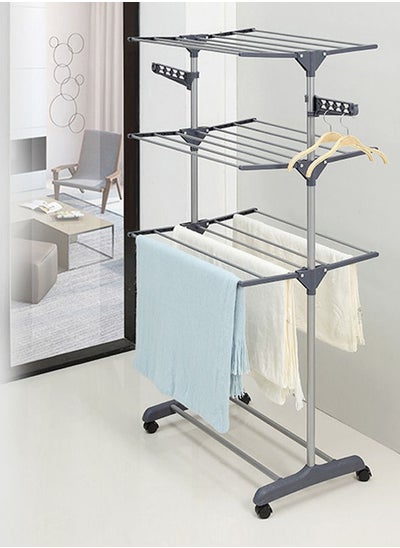 Buy Folding Clothes Drying Stand 3 Parallel Front And Back Laundry Racks With 2 Side Wings - Grey in Saudi Arabia