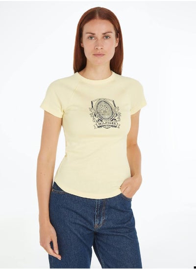 Buy Women's Slim Raglan Crest Short Sleeve T-Shirt - Cotton, Yellow in UAE