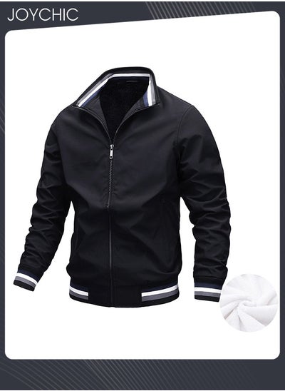 اشتري Casual Autumn and Winter Solid Color Lightweight Jacket Velvet Cotton Windproof Waterprood Warm Zipper Coat for Men Outdoor Black في السعودية